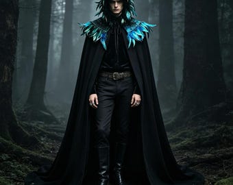 Può includere: Un mantello nero con cappuccio che arriva fino a terra, caratterizzato da un vistoso colletto di piume blu e turchesi. Il capo è indossato sopra una camicia nera, pantaloni neri con cintura in pelle e stivali neri. Include anelli d'argento.