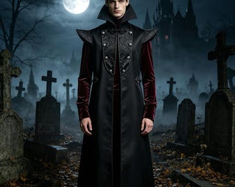 May include: A long black coat with a high collar, structured shoulders, and silver buttons over a deep red velvet long-sleeve shirt. The coat features a decorative black brocade panel on the chest, creating a formal and layered appearance.