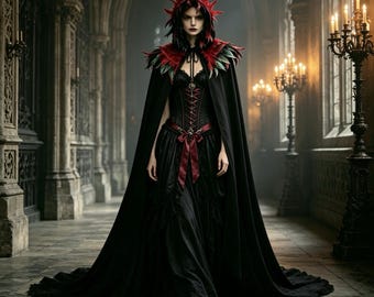 Può includere: Un abito nero lungo fino ai piedi con un corpetto strutturato con allacciatura a nastro rosso, abbinato a un mantello nero con cappuccio coordinato, decorato con piume rosse e verde scuro intorno alle spalle e al cappuccio.