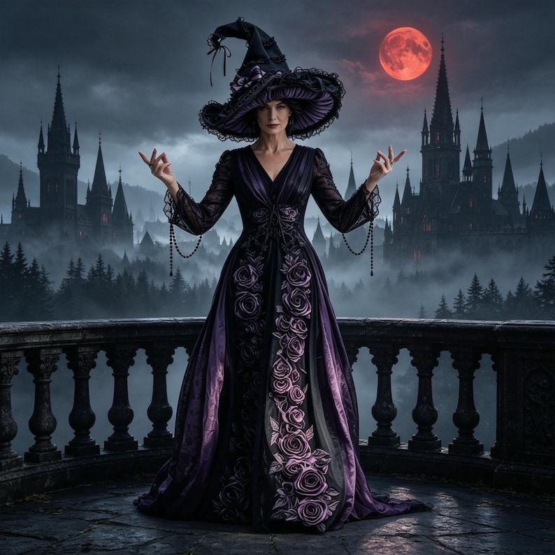 May include: A floor-length dark purple and black gown featuring a V-neckline, long sheer sleeves, and a vertical pattern of embroidered roses. The outfit includes a wide-brimmed pointed hat with lace trim and dark beaded accents on the sleeves.