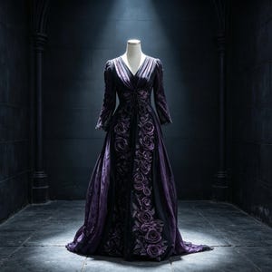May include: A floor-length, long-sleeved dress in deep purple, featuring a V-neckline and a prominent vertical panel of three-dimensional rose appliqu&eacute;s running down the center. The fabric has a subtle sheen, and the skirt flows to the floor.