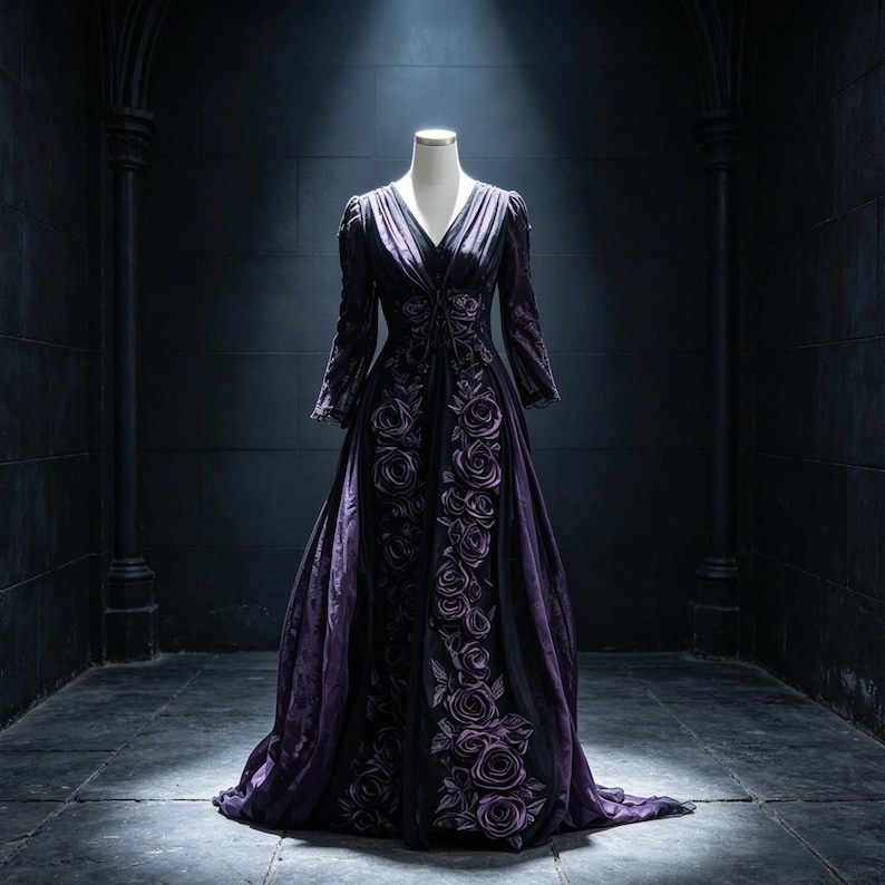 May include: A floor-length, long-sleeved dress in deep purple, featuring a V-neckline and a prominent vertical panel of three-dimensional rose appliqu&eacute;s running down the center. The fabric has a subtle sheen, and the skirt flows to the floor.