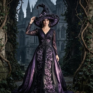 May include: A floor-length black and purple gown featuring long lace sleeves, a V-neckline, and a vertical arrangement of fabric roses down the front. The outfit includes a wide-brimmed, pointed black hat with purple ruffles and a bow.