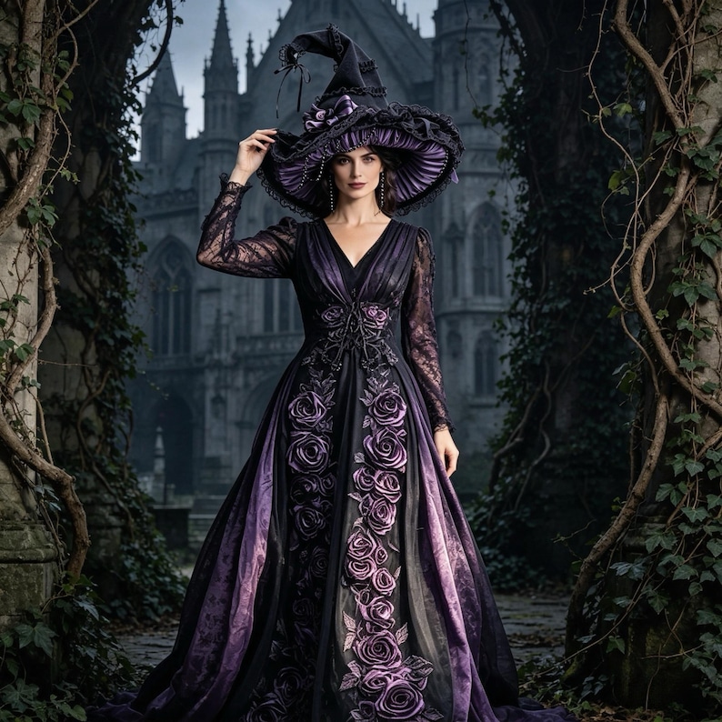 May include: A floor-length black and purple gown featuring long lace sleeves, a V-neckline, and a vertical arrangement of fabric roses down the front. The outfit includes a wide-brimmed, pointed black hat with purple ruffles and a bow.