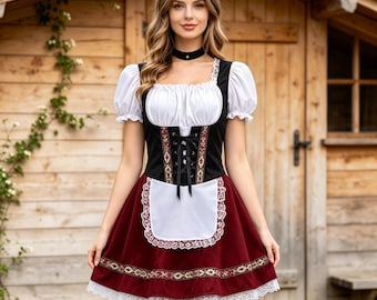Può includere: Un abito composto da una camicetta bianca con maniche a sbuffo, un corpetto nero con allacciatura frontale e una gonna rosso scuro. Il corpetto e l'orlo della gonna sono decorati con bordi a motivi, con un grembiule bianco rifinito in pizzo.