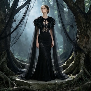 May include: A floor-length black gown featuring a lace bodice, a sweetheart neckline, and a dramatic feather-trimmed cape with long, sheer tulle panels that drape to the floor, creating a structured silhouette with intricate lace detailing.