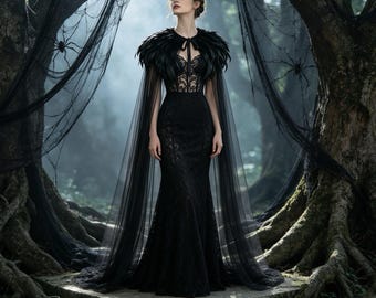 Feather Shoulder Cape, Sheer Gothic Costume Cloak, Halloween Witch Costume Shawl, Dark Fairy Cosplay Cape, Sheer Fantasy Wedding Cape