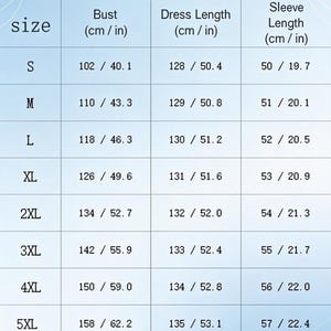 May include: A size guide chart for a dress with columns for size, bust, dress length, and sleeve length in cm and inches. Sizes range from S to 5XL with corresponding measurements. Text at the bottom states: Hand measured, 1-3cm / 0.39-1.18in tolerance may exist.