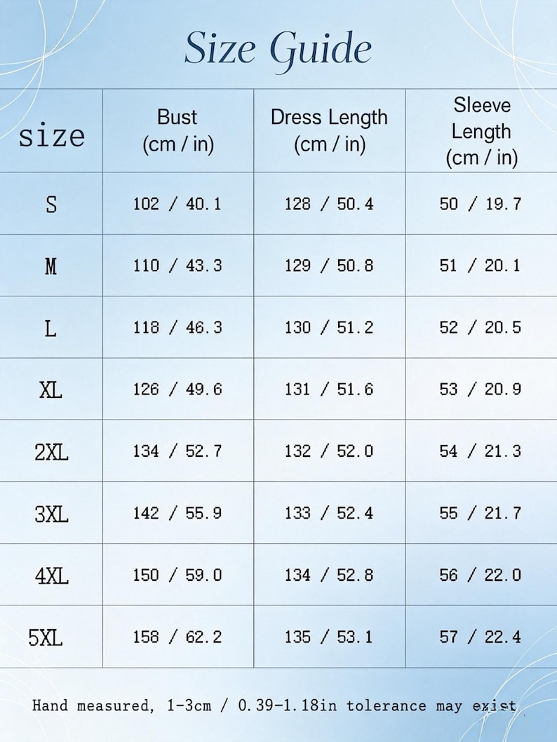 May include: A size guide chart for a dress with columns for size, bust, dress length, and sleeve length in cm and inches. Sizes range from S to 5XL with corresponding measurements. Text at the bottom states: Hand measured, 1-3cm / 0.39-1.18in tolerance may exist.