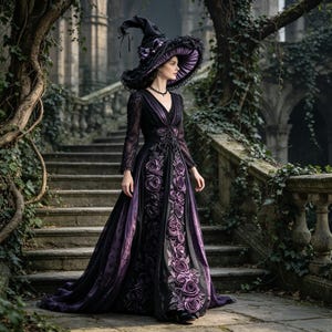 May include: A floor-length black and purple gown featuring long lace sleeves, a V-neckline, and a vertical row of fabric roses down the front. The ensemble includes a wide-brimmed black witch hat with a purple underside and a decorative bow.