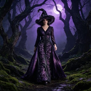 May include: A floor-length black and purple gown featuring a V-neckline, long sleeves, and a prominent vertical panel of embroidered purple roses. The ensemble includes a wide-brimmed black witch hat with a ruffled edge and purple fabric accents.