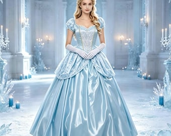 Può includere: Un abito da ballo azzurro lungo fino ai piedi con scollo a cuore, maniche a sbuffo e un corpetto in pizzo bianco. La gonna presenta una silhouette voluminosa con finitura in raso, abbinata a guanti bianchi lunghi fino al gomito e un diadema.