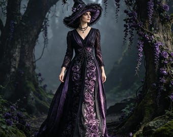 May include: A floor-length dark purple and black gown featuring a V-neckline, long lace sleeves, and a vertical panel of embroidered purple roses. The outfit includes a wide-brimmed, pointed hat with matching purple and black fabric details.