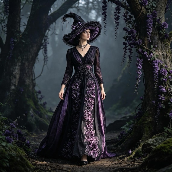 Gothic Witch Dress with Hat, 3D Purple Rose Applique Gown, Vintage V-Neck Halloween Costume, Dark Fantasy Formal Dress