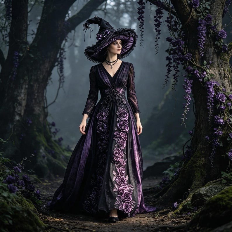 May include: A floor-length dark purple and black gown featuring a V-neckline, long lace sleeves, and a vertical panel of embroidered purple roses. The outfit includes a wide-brimmed, pointed hat with matching purple and black fabric details.