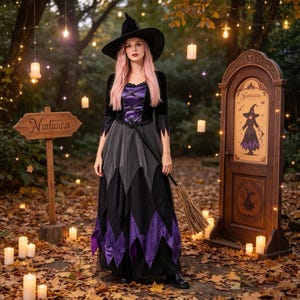 May include: A floor-length witch costume featuring a black pointed hat, a long-sleeved bodice with a purple lace-up front, and a layered skirt with jagged black and purple panels. The outfit is paired with a wooden broomstick held in one hand.