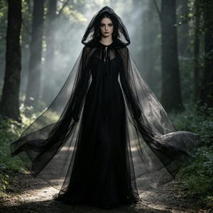 May include: A floor-length black dress featuring a sheer, flowing tulle cape with an attached hood. The cape is secured at the neck with thin black ties, creating a layered silhouette that drapes over the shoulders and extends outward in a wide arc.