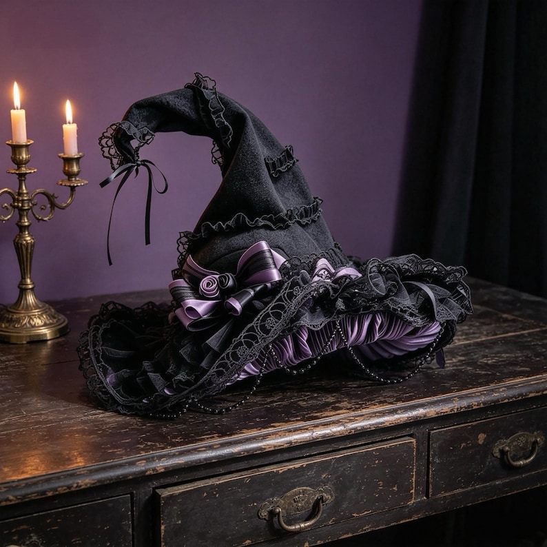 May include: A black pointed hat featuring layers of black lace trim, a purple and black striped ribbon bow, and a purple pleated fabric underside. The hat is adorned with thin black ribbons and a delicate string of small black beads along the brim.