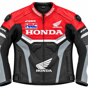 Könnte beinhalten: Eine rot-schwarz-weiße Motorradjacke mit Honda-Logo auf Brust, Rücken und Ärmeln. Die Jacke verfügt über HRC Honda Racing-Schriftzüge, einen durchgehenden Frontreißverschluss, Reißverschlusstaschen und schützende Polsterungen an den Schultern.