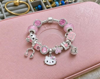 Pulsera con dije de gato rosa, estilo plata S925, linda joyería con dije de corazón para mujer, regalo