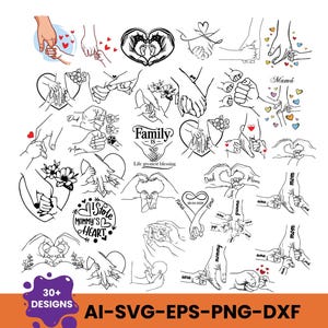 Puede incluir: Una colección de más de 30 diseños digitales de arte lineal con varias ilustraciones de manos de adultos y bebés sosteniéndose, formando corazones y chocando los puños, incluyendo textos como Family Is Life greatest blessing.