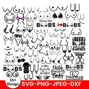 Może przedstawiać: Kolekcja czarno-białych ilustracji liniowych przedstawiających różne kształty piersi, wzory i napisy, takie jak Show Me Boobs, I Love Boobs, Beer Boobs and Bonfires, Fishing Is Like Boobs, My Other Toy Has Boobs oraz I Love Boobies.
