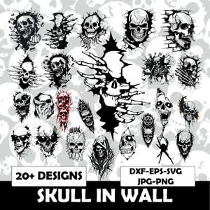 Puede incluir: Una colección digital de más de 20 ilustraciones gráficas en blanco y negro con calaveras rompiendo paredes, manos esqueléticas y motivos de arañas. El texto 20+ DESIGNS, DXF-EPS-SVG, JPG-PNG y SKULL IN WALL aparece en la imagen.