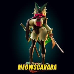 May include: A stylized figurine of a cat-like character named Meowscarada, featuring a green mask, a pink scarf, and a dark cape. The figure wears a brown bodysuit, black leggings, and holds a katana sword in one hand, standing on a textured base.