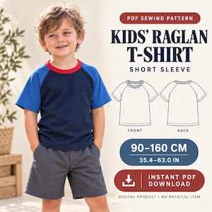 May include: A PDF sewing pattern for a kids' raglan short sleeve t-shirt. The design features a navy blue body, blue sleeves, and a red collar. The graphic includes technical line drawings of the front and back, with sizes 90-160 cm or 35.4-63.0 in.