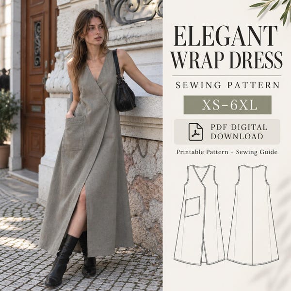 May include: A sleeveless wrap dress in a muted olive green tone featuring a V-neckline, a large side pocket, and a front slit. The image includes text reading ELEGANT WRAP DRESS, SEWING PATTERN, XS-6XL, PDF DIGITAL DOWNLOAD, and a line drawing.