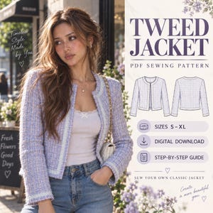 Puede incluir: Un patrón de costura en PDF para una chaqueta de tweed en tela texturizada de color morado claro y blanco. El diseño incluye cuello redondo, mangas largas y dobladillo recto. El documento muestra dibujos técnicos, tallas S-XL y texto.