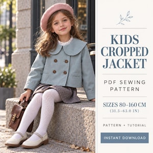 Op de afbeelding: Een lichtblauw kort jasje met een brede kraag en vier bruine knopen, gedragen over een geruite rok en witte panty's met een patroon. De tekst luidt KIDS CROPPED JACKET, PDF SEWING PATTERN, SIZES 80-160 CM, PATTERN + TUTORIAL, INSTANT DOWNLOAD.