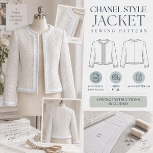 Op de afbeelding: Een naaipatroon voor een jasje in Chanel-stijl met een crèmekleurig tweed jasje op een paspop, technische lijntekeningen van de voor- en achterkant en geprinte patroondelen. De tekst bevat CHANEL STYLE JACKET SEWING PATTERN, PDF DIGITAL DOWNLOAD, SIZES S-XL, A4 US LETTER A0 en SEWING INSTRUCTIONS INCLUDED.