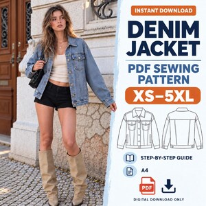Mönster för jeansjacka i PDF-format XS-5XL | Mönster för truckerjacka | Handledning för jeansjacka för dam | Digital nedladdning i A4 A0