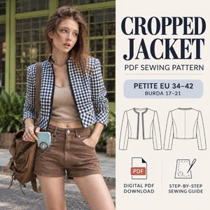 Puede incluir: Un patrón de costura en PDF para una chaqueta corta con diseño de cuadros vichy en azul marino y blanco. La descarga digital incluye una guía de costura paso a paso para tallas petite EU 34-42, con dibujos técnicos de frente y espalda.