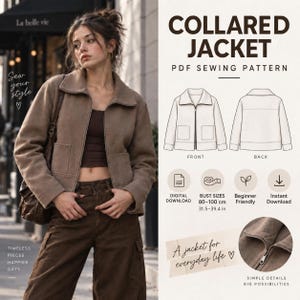 Women’s Zip Jacket Sewing Pattern PDF, Wide Collar Jacket Pattern, Printable A4 Pattern, Sizes 155–180, Digital Download