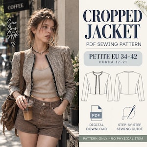 Op de afbeelding: Een PDF-naaipatroon voor een kort jasje, met de tekst CROPPED JACKET, PETITE EU 34-42, BURDA 17-21, DIGITAL DOWNLOAD en STEP-BY-STEP SEWING GUIDE. De afbeelding bevat een technische lijntekening van de voor- en achterkant van het jasje.