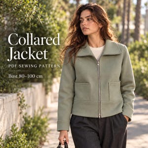 Patron de couture PDF pour veste zippée femme, veste à col large, format A4 imprimable, tailles 155 à 180, téléchargement numérique