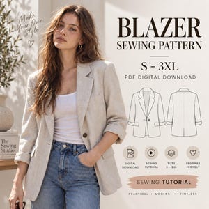Könnte beinhalten: Ein Blazer-Schnittmuster als PDF-Download für die Größen S bis 3XL. Das Bild zeigt einen beigen Blazer, eine technische Strichzeichnung der Vorder- und Rückseite des Blazers sowie den Text "BLAZER SEWING PATTERN" und "SEWING TUTORIAL".