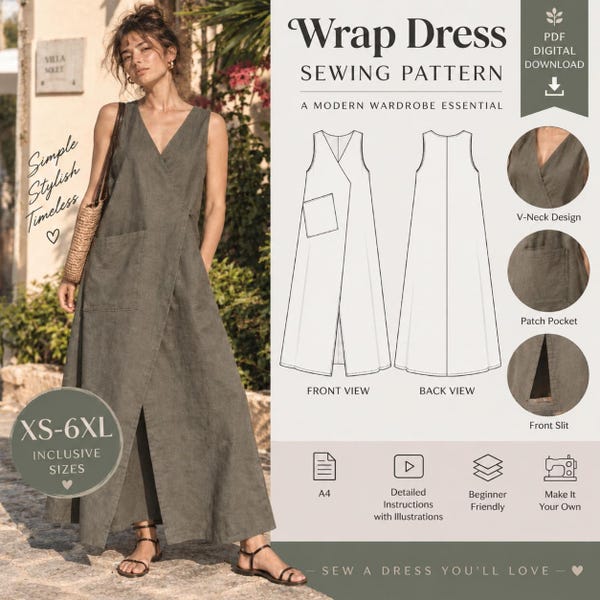 May include: A digital PDF sewing pattern for a sleeveless wrap dress with a V-neck, patch pocket, and front slit. The pattern includes sizes XS-6XL, detailed instructions with illustrations, and is formatted for A4 printing. The design is shown in olive.