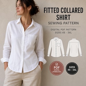 Könnte beinhalten: Ein digitales PDF-Schnittmuster für ein tailliertes Hemd mit Kragen, mit dem Text FITTED COLLARED SHIRT SEWING PATTERN DIGITAL PDF PATTERN SIZES XS - 3XL. Das Bild enthält eine technische Strichzeichnung der Vorder- und Rückseite des Hemdes.