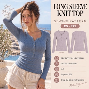 May include: A long sleeve knit top sewing pattern featuring a blue ribbed henley shirt with a button placket. The digital file includes sizes XS to 7XL, a PDF pattern, a tutorial, and step-by-step instructions for creating this garment at home.