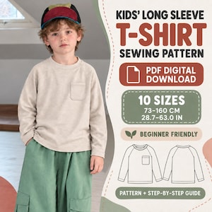 Puede incluir: Una camiseta de manga larga beige con bolsillo en el pecho, mostrada como patrón de costura. El texto incluye KIDS' LONG SLEEVE T-SHIRT SEWING PATTERN, PDF DIGITAL DOWNLOAD, 10 SIZES 73-160 CM, BEGINNER FRIENDLY y PATTERN + STEP-BY-STEP GUIDE.
