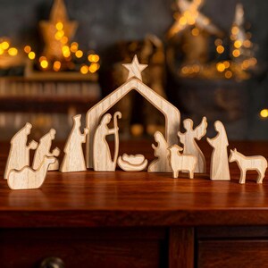 13 Piece Wooden Nativity Set, Christmas Manger Scene, Holy Family Figurines, Rustic Boho Christmas Decor, Christian Religious Gift