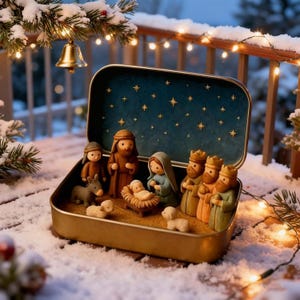 May include: A nativity scene set inside a gold-colored metal tin. The interior lid features a dark blue background with gold stars. Figurines include a central infant in a manger, figures in robes, a donkey, and sheep, all arranged on a tan base.