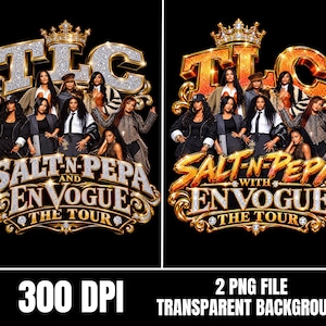 Op de afbeelding: Een digitaal grafisch ontwerp met de tekst TLC, SALT-N-PEPA AND EN VOGUE THE TOUR met een kroonicoon. De afbeelding toont twee variaties van de tekst met glinsterende zilveren en metallic gouden afwerkingen, inclusief 300 DPI en 2 PNG FILE tekst.