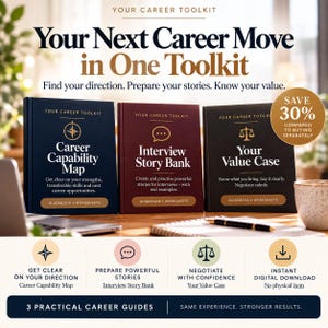 May include: Three hardcover books titled Your Career Toolkit, including Career Capability Map, Interview Story Bank, and Your Value Case. Each book features a guidebook and worksheets. The set includes text about career direction and negotiation.