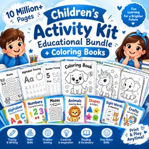 May include: A children's activity kit educational bundle featuring coloring books, mazes, and tracing pages. The cover displays cartoon children, a puppy, a unicorn, and an elephant, with text including 10 Million+ Pages and Fun Learning for a Brighter Future.