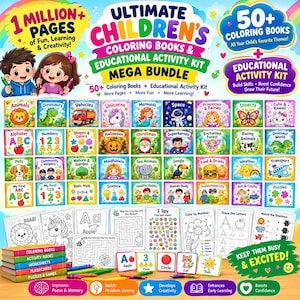May include: A mega bundle of 50+ children's coloring books and an educational activity kit featuring colorful covers with themes like animals, dinosaurs, space, and vehicles, plus various black and white activity worksheets and flashcards.
