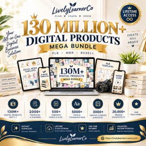 May include: A digital product advertisement featuring the text 130 Million+ Digital Products Mega Bundle. The image displays a laptop, tablet, and smartphone showing various templates, alongside icons for fonts, graphics, and sound effects.
